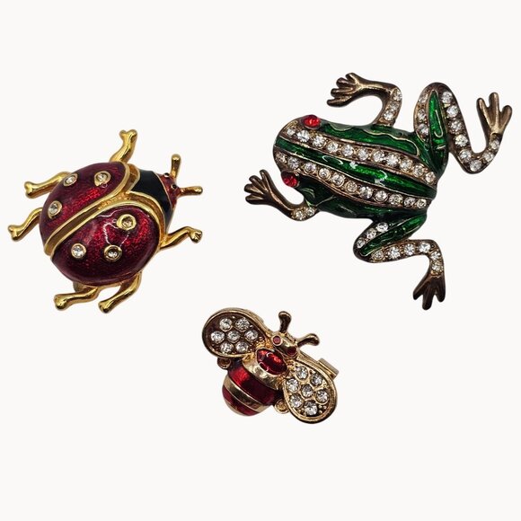 Three Piece Frog Ladybug Bumble Bee Bug Insect Figural Brooch Pin lot - Picture 1 of 8